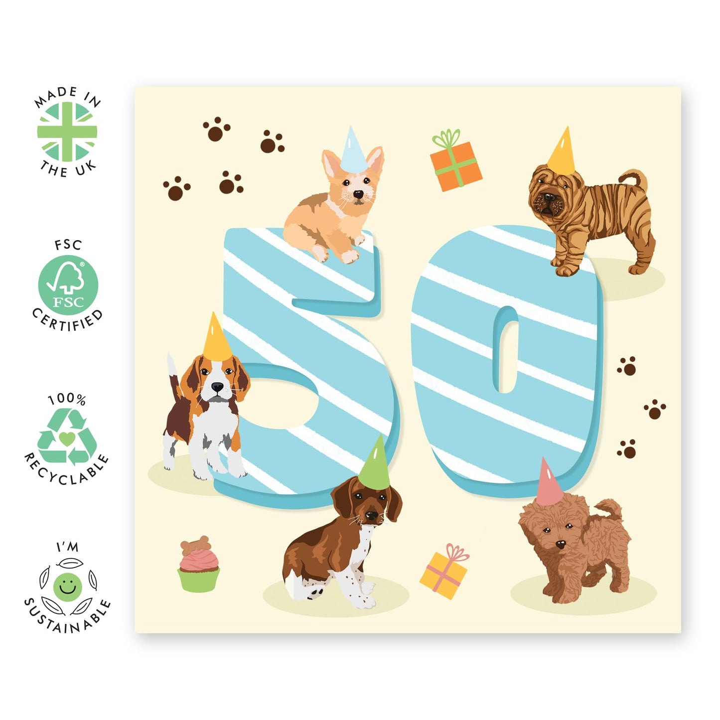50th Birthday Card For Men - Puppy Birthday Age 50 - Puppy Birthday Card - Husband Dad - Brother - Happy Fiftieth Birthday Greeting Card Male Friends - Comes With Fun Stickers - By Central 23