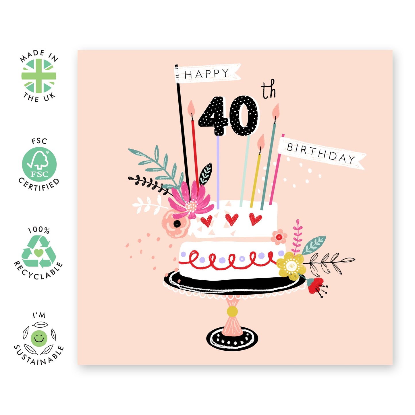 40th Birthday Card For Wife - Happy 40th Tiered Birthday Cake - Floral Birthday Card For Mum - Sister - Aunt - Happy Fortieth Birthday Greeting Card Female Friend - Comes With Stickers By Central 23