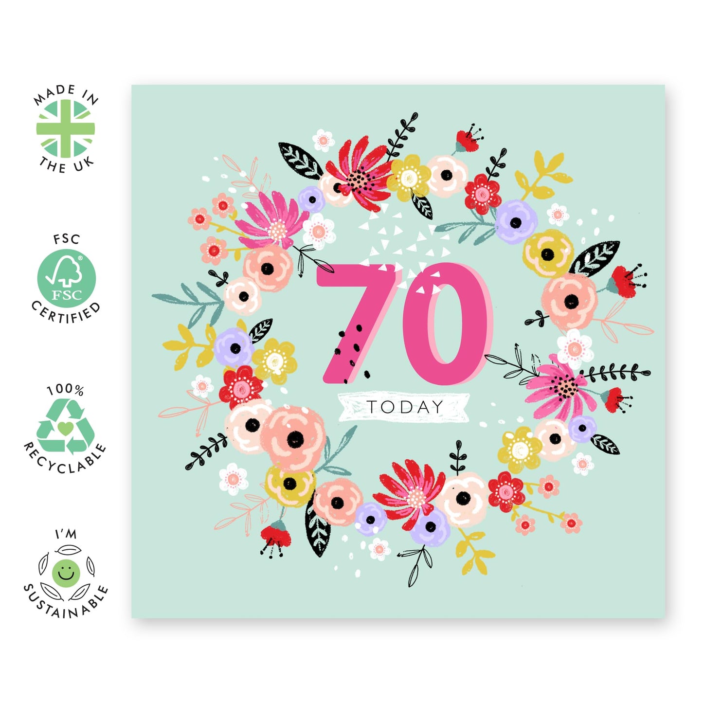 Floral Birthday Card For Her - 70 Today - Flower Wreath - 70th Birthday Gifts For Women - Birthday Cards For Mum Nan Wife - Seventy Year Old - Comes With Stickers - By Central 23