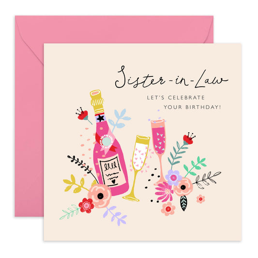 Elegant Sister In Law Birthday Card - Celebration Wine Champagne - Female Birthday Greeting Cards For Sis-in Law - Gifts Presents For Women - Comes With Stickers By Central 23