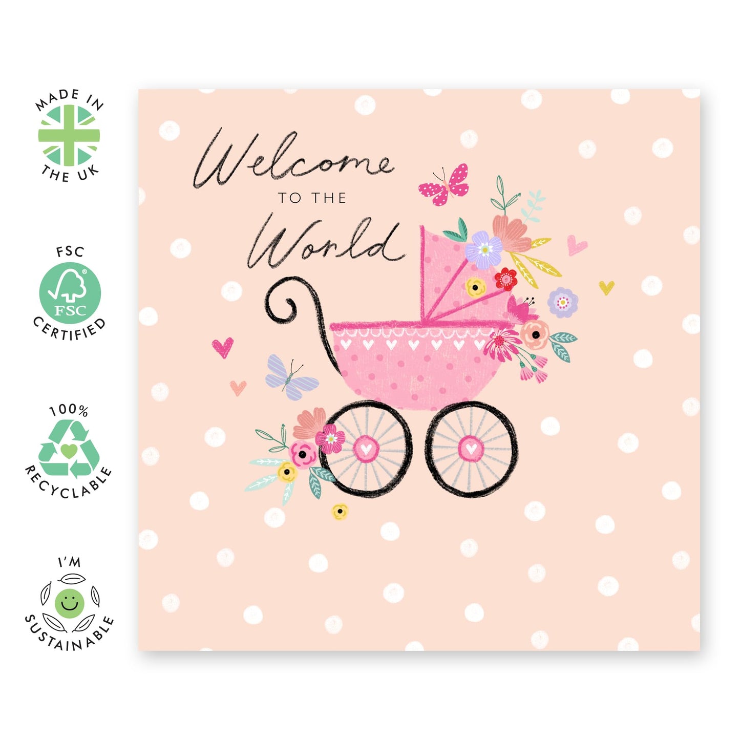 New Baby Girl Card - Pink Pram - Congratulations Card For New Parents - Well Done - Welcome Home Card For Newborn Baby Daughter Granddaughter Sister Niece - Comes With Stickers - By Central 23