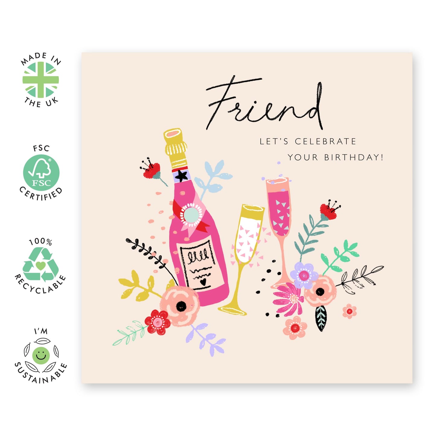 Birthday Card For Friend Woman - Champagne Celebration Cards - Friend Birthday Cards For Women - Floral Gifts For Her - Comes With Cute Stickers - By Central 23
