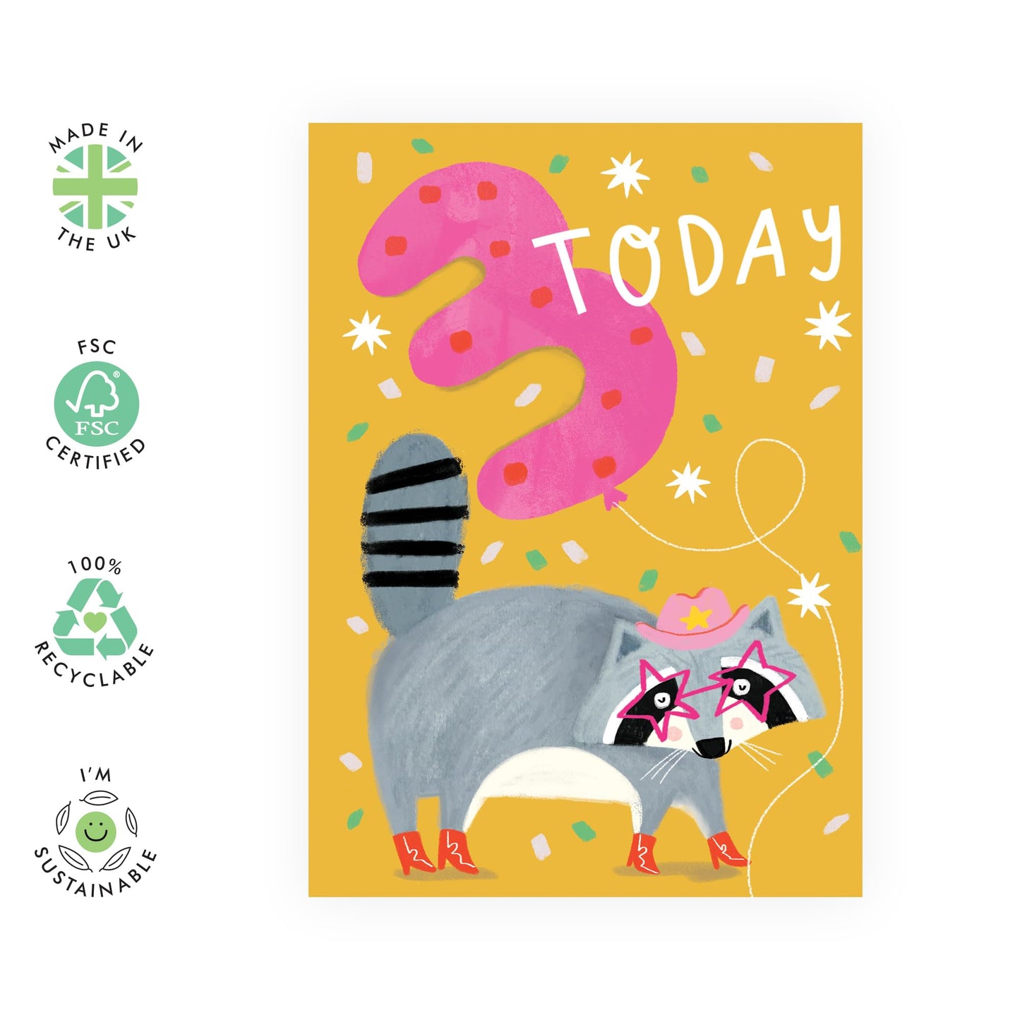 3rd Birthday Greeting Card - 'Raccoons 3 Today' - Gift for Son, Boys, Girls, Daughter, Kids, Children - Third Bday Hat - Comes with Fun Stickers