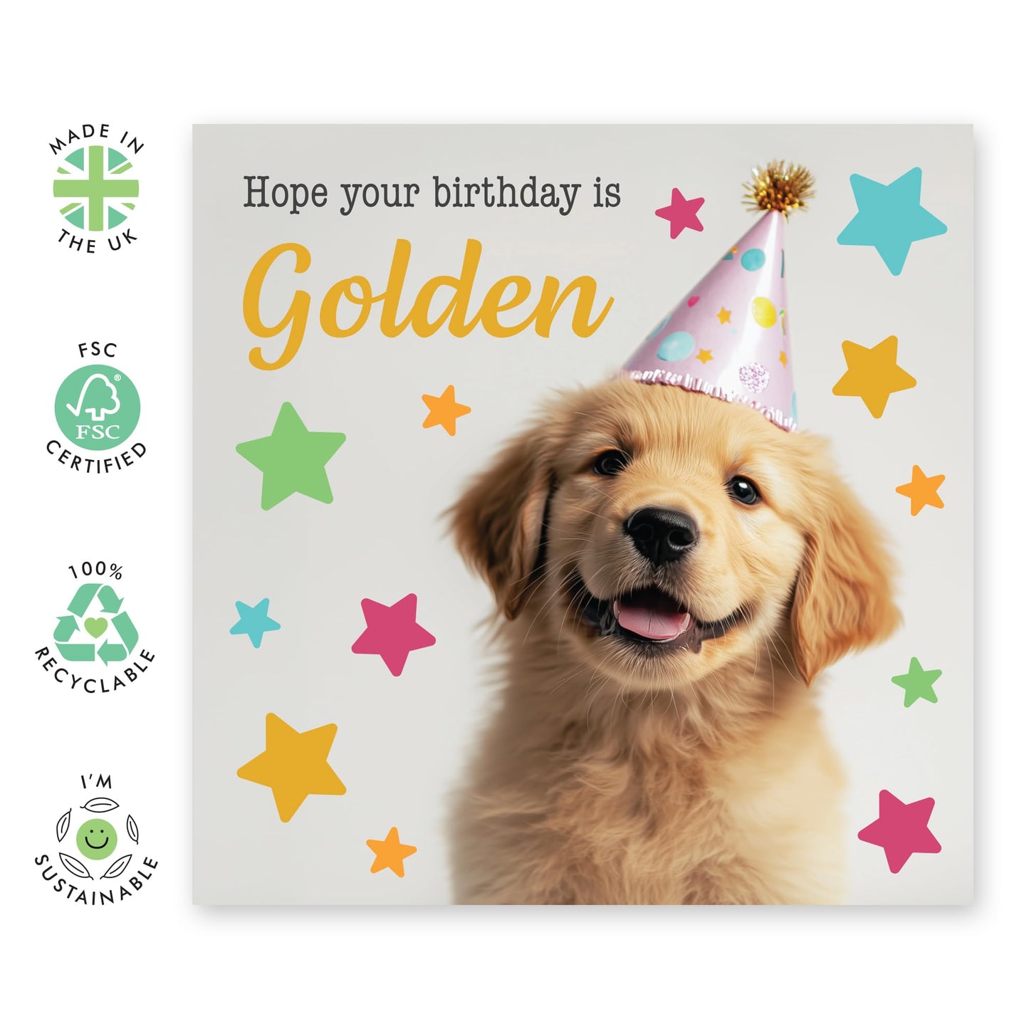 Golden Retriever Birthday Card - "Bday is Golden" - Gifts for Dog Lovers, Pet Owners, Fur Mum or Dad, Friends, Family, Colleagues, Him, Her - Cute Puppy Design - Comes with Fun Stickers