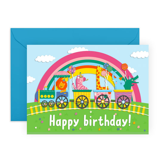 Birthday Card Boys Girls - Happy Birthday Children Animal Train - Baby Milestone Cards - Kids Birthday Cards - Gift For Son Daughter Niece Nephew - Gift From Mum Dad - Comes With Stickers By Central