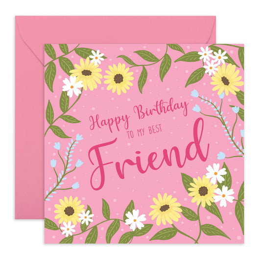 Sweet Birthday Card - 'Birthday Friend' - Cute Gifts for Besties, Best Friend, Sister, Sis, Close Friend, Colleagues, BFF - Pink and Flowers - Comes with Fun Stickers
