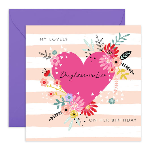 Daughter-In-Law Birthday Card - Floral Hearts - Pretty Pink Greeting Cards For Women - Gifts For Her Female - Comes With Cute Stickers - By Central 23