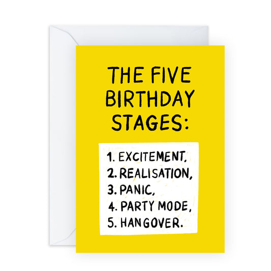 Hilarious Stages Birthday Card - 'Five Stages of Birthday' - Gifts for Bruv, Mates, Besties, Best Friends, BFF, Co-workers, Colleagues, Her, Him - 1 to 5 - Comes with Fun Stickers