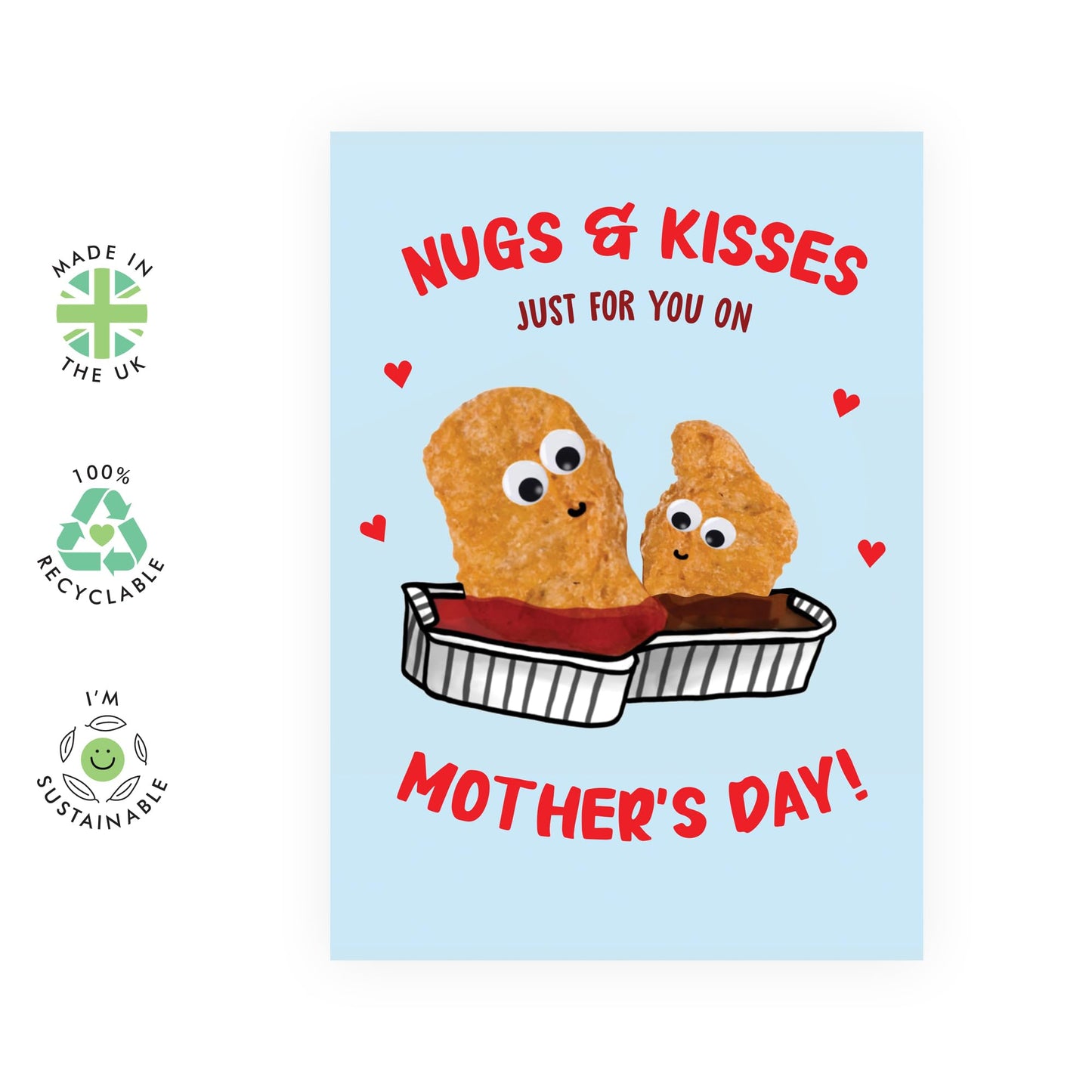 Funny Mother’s Day Card – "Nugs & Kisses" Chicken Nugget Cute Food Pun for Mum, Mummy, Mama, Ma, Mam, Her, She, Women, Ladies from Son or Daughter - Fun Greeting - Comes with Stickers