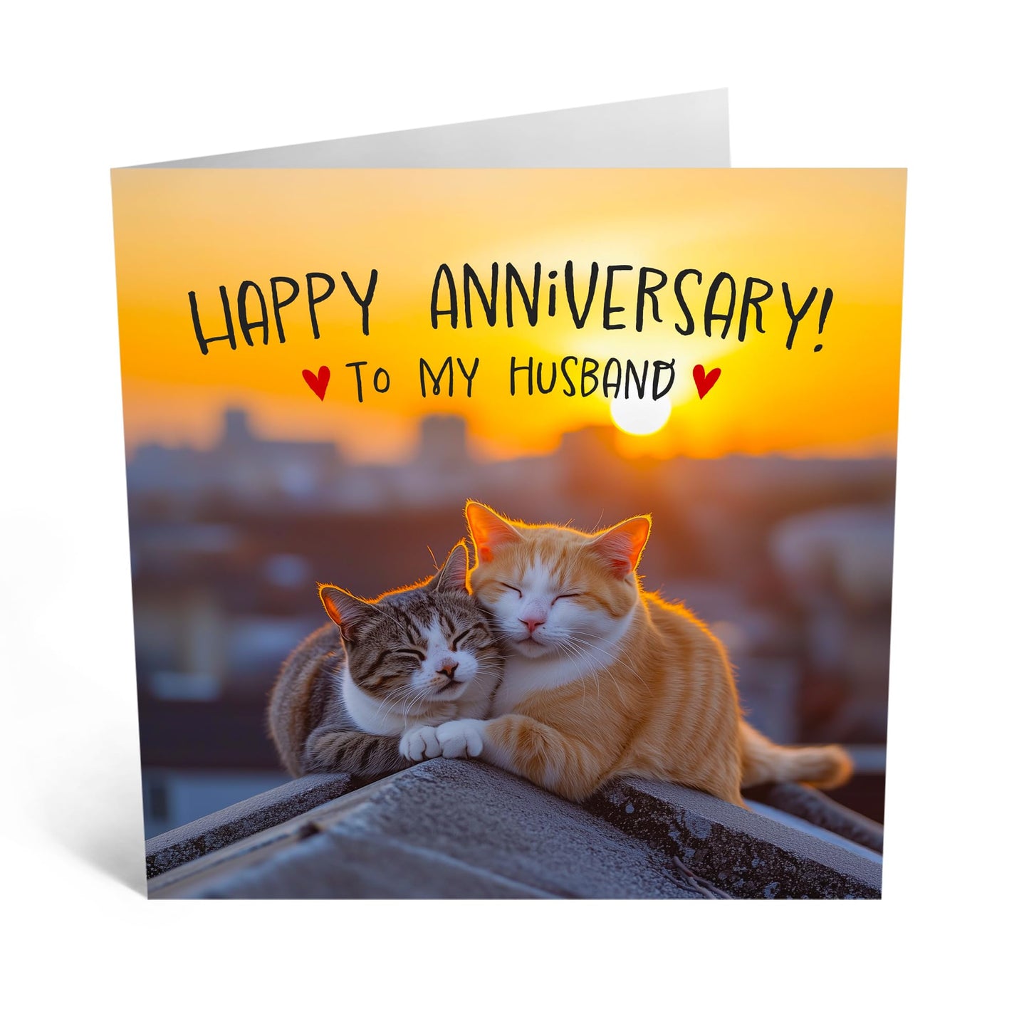 Happy Anniversary Card 'To My Husband' - Romantic Cat Design with Sunset Background - Romantic Greeting Card for Him, Spouse, Darling, Men, Babe - Blank Inside