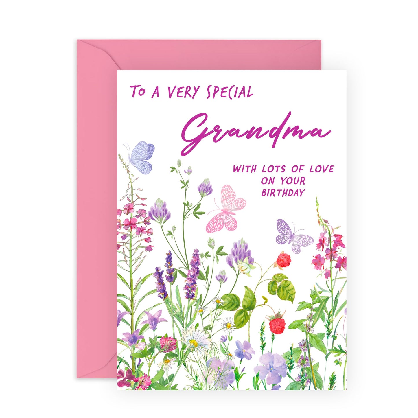 Lovely Birthday Card- 'Birthday Floral Grandma' - Gifts for Grandmother, Grandma, Grandparent, Nana, Nanny, Nan - Flowers & Butterflies - Comes with Fun Stickers