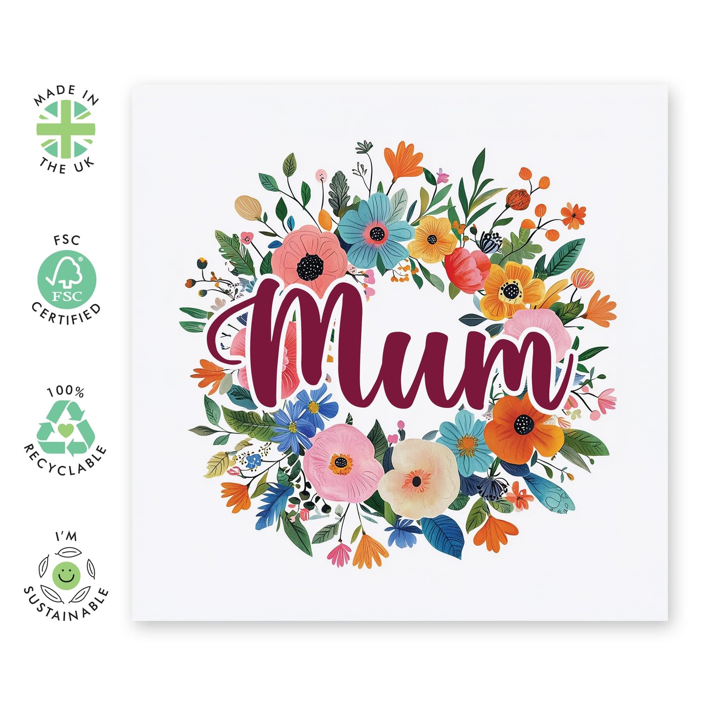Mum's Birthday Card - 'Mum Floral Wreath' - Gifts fo Mother, Mam, Ma, Mammy, Family, Her from Children - Flowers & Message to Say We Love You - Comes with Fun Stickers