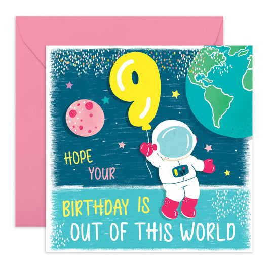 9th Birthday Card Boy Girl - Out Of This World Space Astronaut - Happy Ninth Birthday Cards For Kids Toddler - Nine Year Old Gifts For Grandson Goddaughter - Comes With Cute Stickers By Central 23