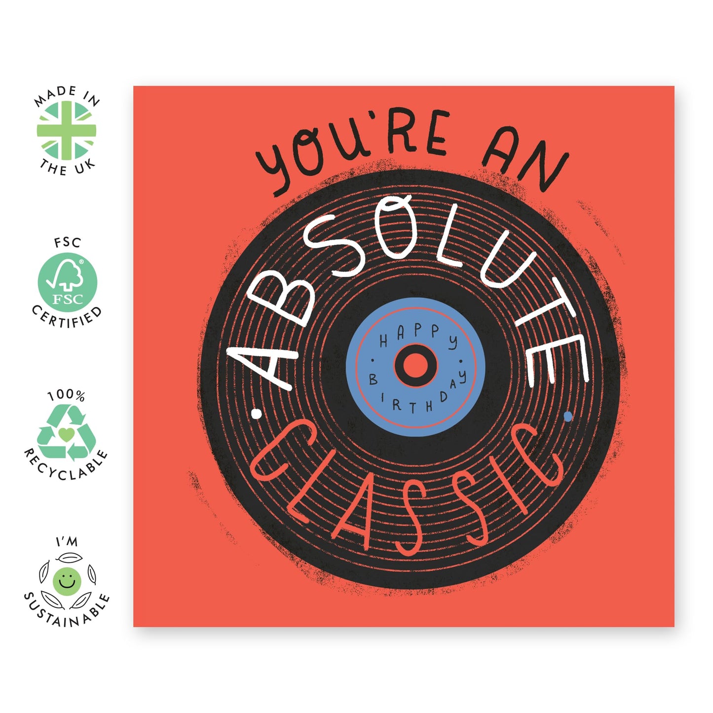 Old School Birthday Card For Him or Her - 'Absolute Classic Birthday' - Gifts for Dad, Mum, Grandpa, Grandma, Uncle, Auntie - Record Player Disc - Comes with Fun Stickers