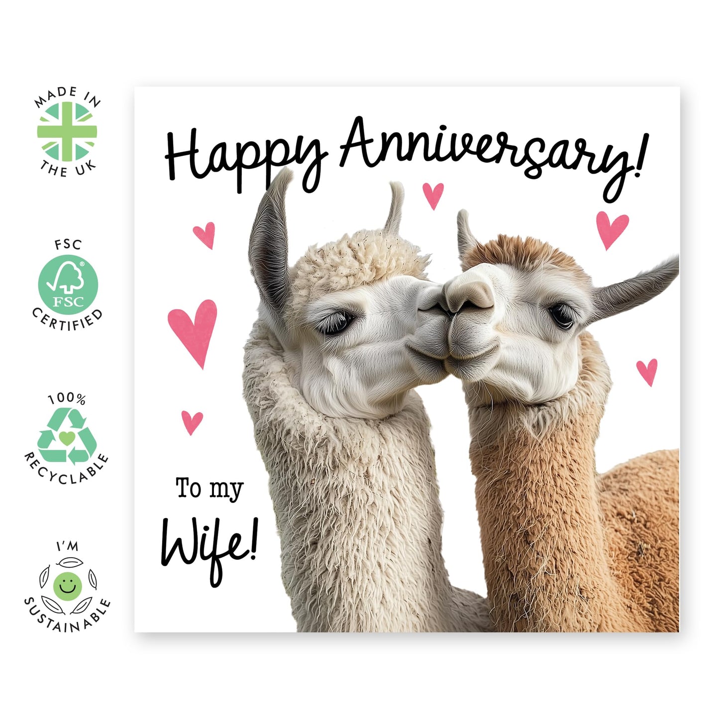 Happy Anniversary Card 'To My Wife' - Adorable Llama Design with Heart Accents - Romantic Greeting Card for Her, Spouse, Women, Babe - Celebrating Love and Milestones - Blank Inside