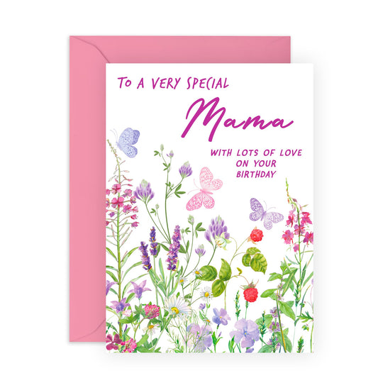 Lovely Birthday Card - 'Birthday Floral Mama' - Gifts for Mother, Mum, Mammy, Mam, Wife, From Kids & Husband - Flowers & Butterflies - Comes with Fun Stickers