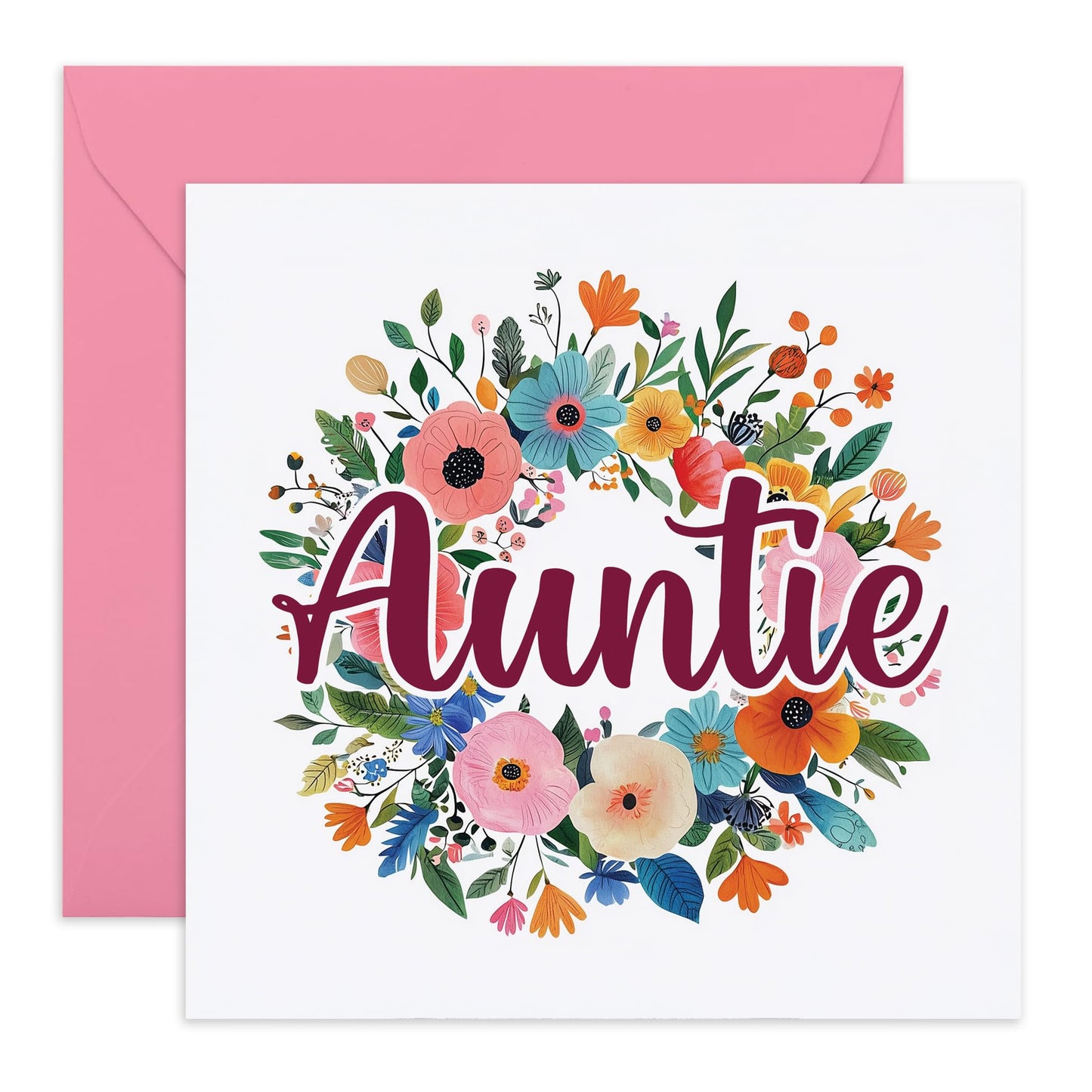 Auntie's Birthday Card - 'Auntie Floral Wreath' - Gifts for Aunts, Family, Relatives, Her from Niece or Nephew - Flowers & Message to Auntie - Comes with Fun Stickers