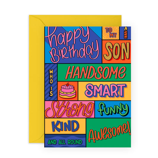 Cute Birthday Card - 'To My Awesome Son' - Gifts for Sons, Kids, Him, Boys, In-law - How Mum & Dad Shows Love - Comes with Fun Stickers