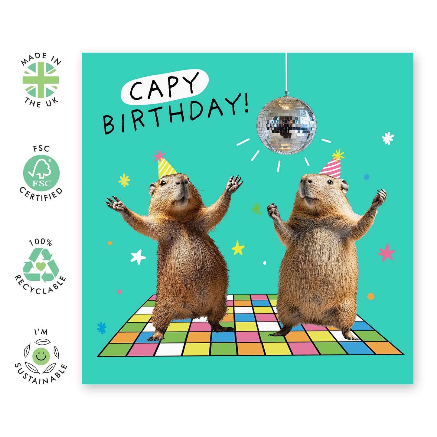 Disco Birthday Card - 'Capy Birthday' - Gifts for Best Friends, Bruv, Mate, Lads, Besties, BFF, Co-workers, Colleagues, Family - Time To Dance - Comes with Fun Stickers