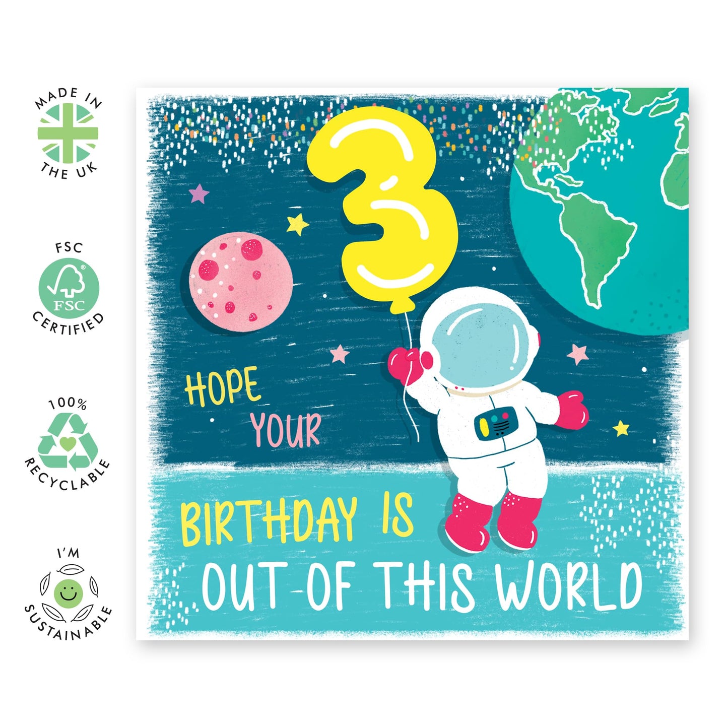 3rd Birthday Card Boy Girl - Out Of This World Space Astronaut - Happy Third Birthday Cards For Kids Toddler - Three Year Old Gifts For Grandson Goddaughter - Comes With Cute Stickers By Central 23