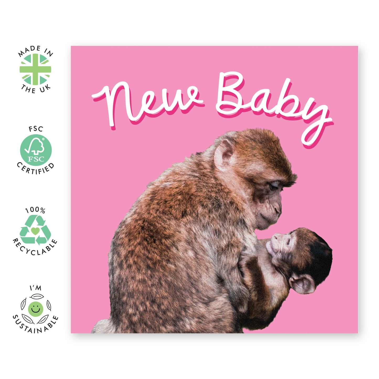 Greeting Card - 'NEW BABY PINK MONKEY' - Perfect for Welcoming a New Baby with a Cute Monkey Theme - Ideal for Adding a Touch of Joy & Playfulness to of a New Baby - Comes With Stickers By Central 23