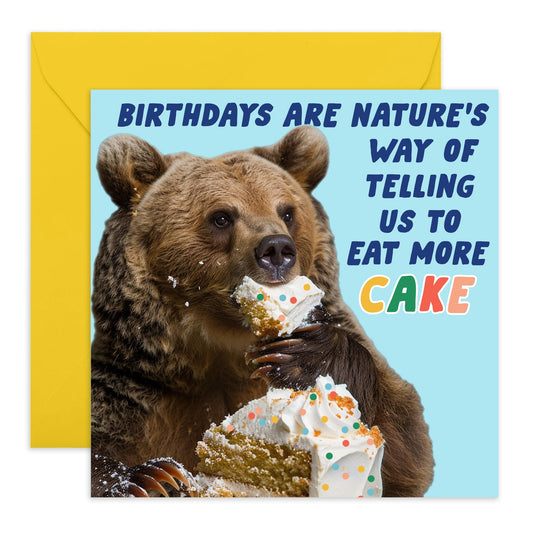 Hilarious Happy Birthday Card - 'Eat More Cake' - Funny Gift for Friends, Family, BFFs, Colleagues, Workmates, Buddy - Bear Likes Cake & Party - Comes with Fun Stickers