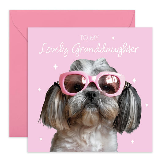Cute Greeting Card - 'Lovely Granddaughter' - Gifts for Granddaughters, Family, Relatives by Grandparents - Fabulously Cute Dog - Comes with Fun Stickers
