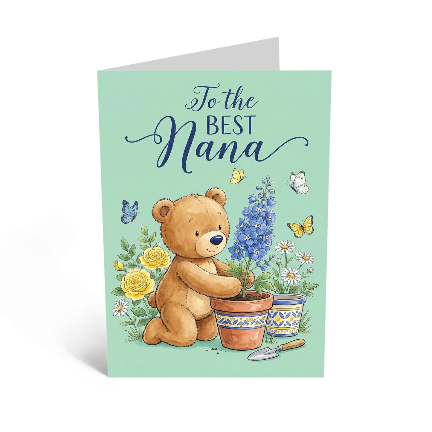 Mother’s Day Card for Nana - ‘To the Best Nana’ Cute Gardening Teddy Bear Greeting Card - Sweet Floral Birthday Card for Nanna - Made in UK - Includes Premium White Envelope