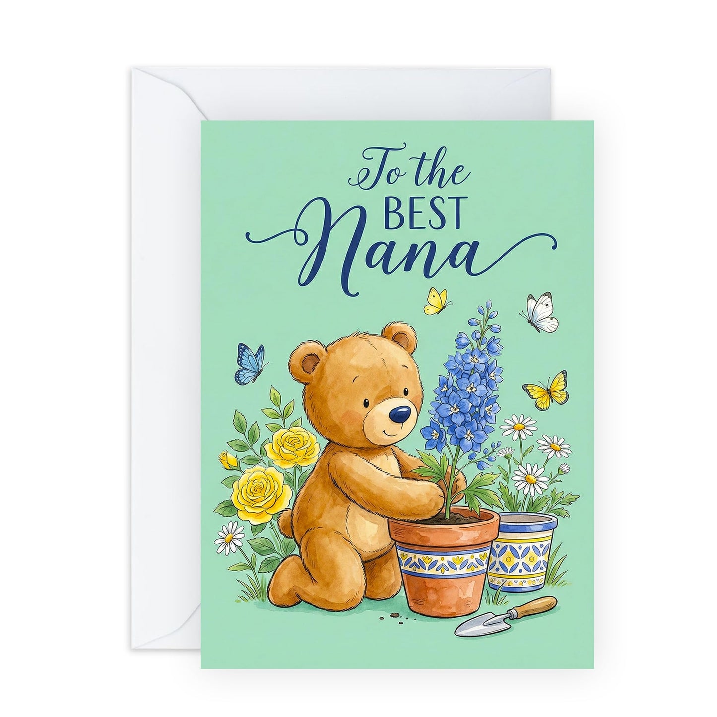 Mother’s Day Card for Nana - ‘To the Best Nana’ Cute Gardening Teddy Bear Greeting Card - Sweet Floral Birthday Card for Nanna - Made in UK - Includes Premium White Envelope