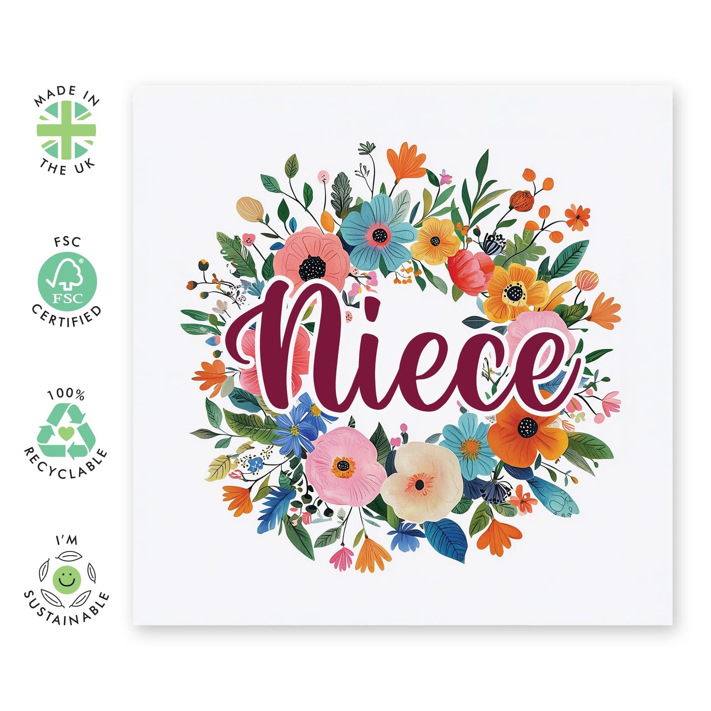 Niece's Birthday Card - 'Niece Floral Wreath' - Gifts for Family, Relatives, Teenagers, Ladies, Girls, Her - Flowers & Message to My Niece - Comes with Fun Stickers
