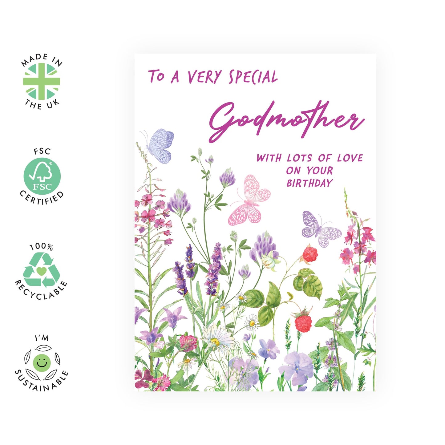 Lovely Birthday Card - 'Birthday Floral God Mother' - Gifts for God Parents, Ladies, Her, Relatives, From Grandchild - Flowers & Butterflies - Comes with Fun Stickers