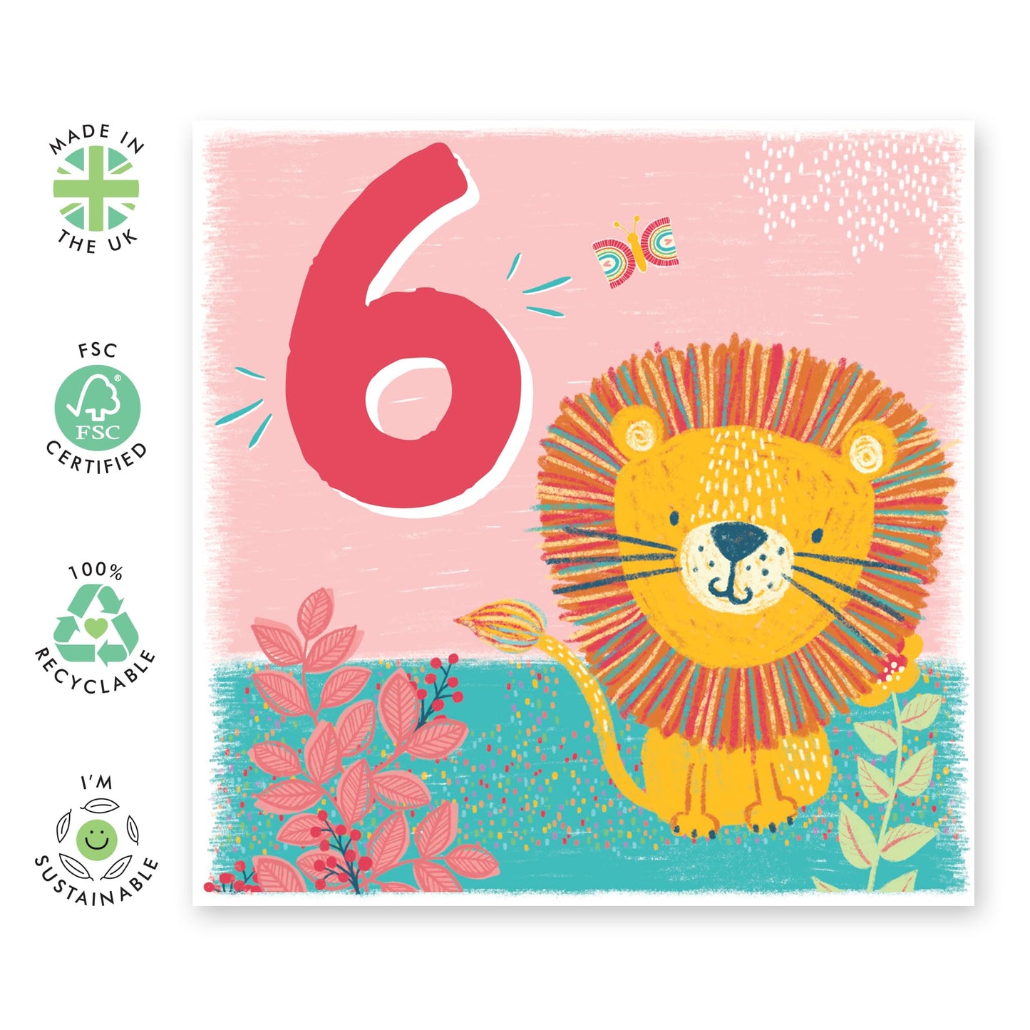 6th Birthday Card Boys Girls- Lion Age 6 - Toddler Milestone Cards Age Six Year Old - Sixth Birthday Cards - Animal - Gifts For Son Daughter Niece Nephew - Comes With Sticker By Central 23