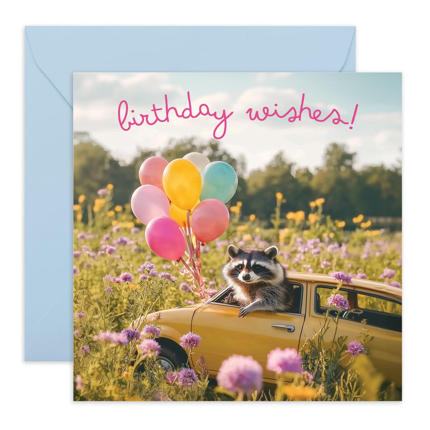 Birthday Wishes Card - 'Birthday Raccoon Balloons' - Gifts for Besties, Best Friends, BFF, Co-workers, Colleagues, Bruv, Mates, Him, Neighbour - Driving Raccoon - Comes with Fun Stickers