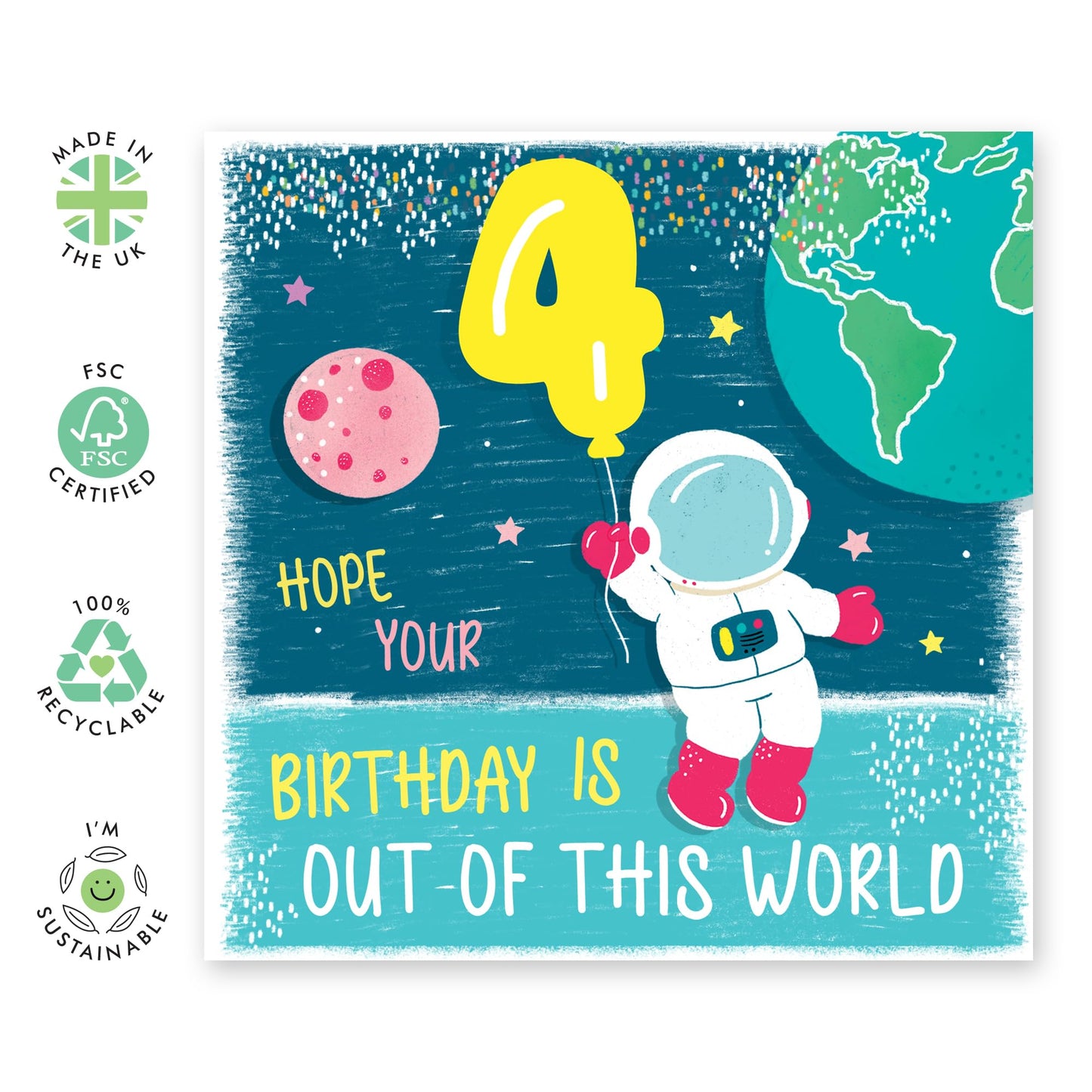 4th Birthday Card Boy Girl - Out Of This World Space Astronaut - Happy Fourth Birthday Cards For Kids Toddler - Four Year Old Gifts For Grandson Goddaughter - Comes With Cute Stickers By Central 23