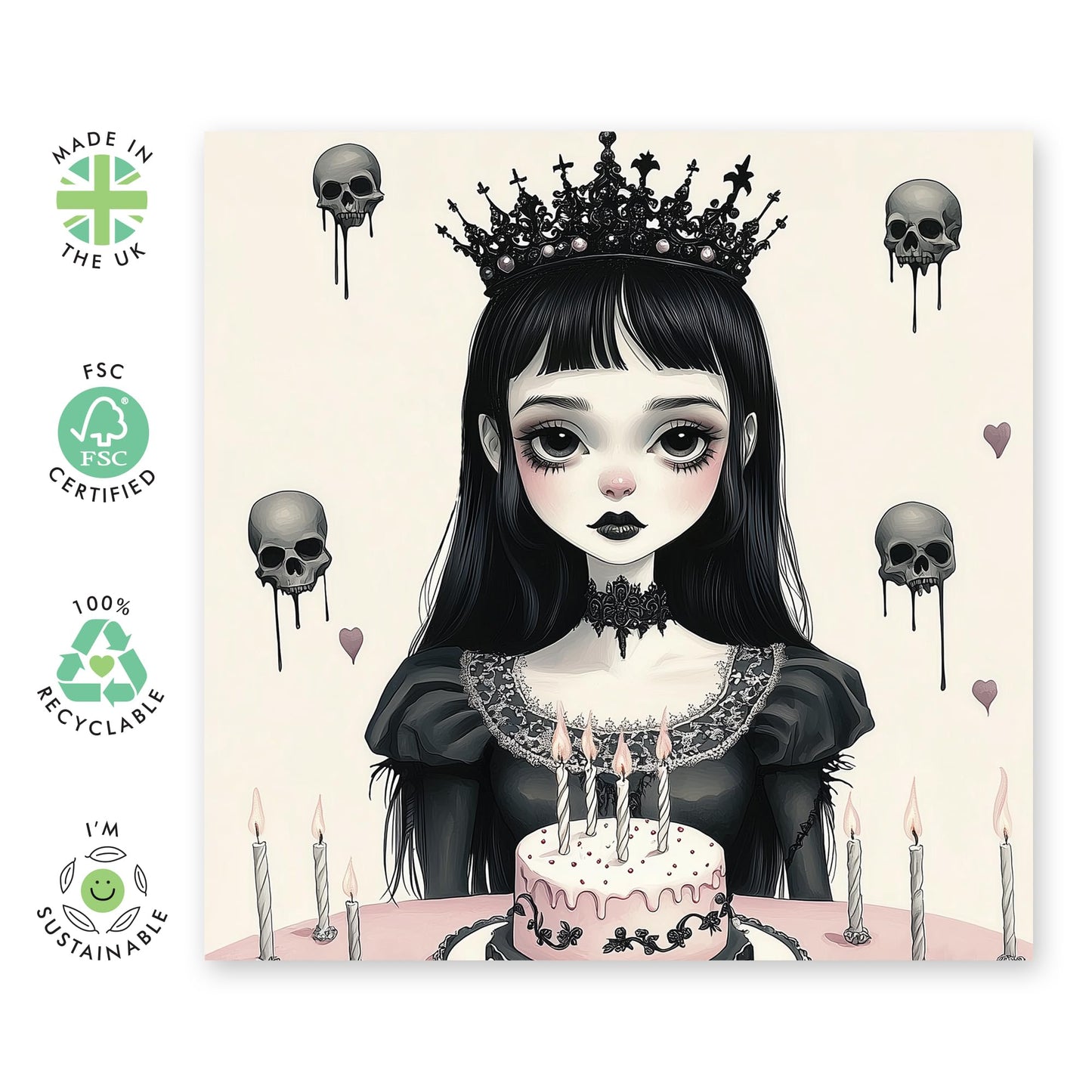 Gothic Birthday Card - 'Goth Princess Birthday Skulls' - Gifts for Friends, Colleague, Sister, Her - Black - Comes with Fun Stickers
