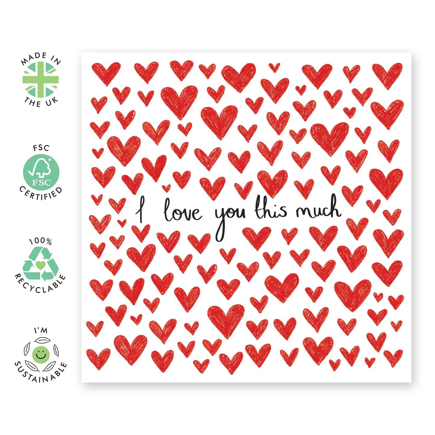 Cute I Love You Greeting Card - 'This Much Hearts' - Sweet Anniversary Card or Valentines Day Idea For Boyfriend Girlfriend Husband Wife - Love Gifts For Her Him - Comes With Stickers