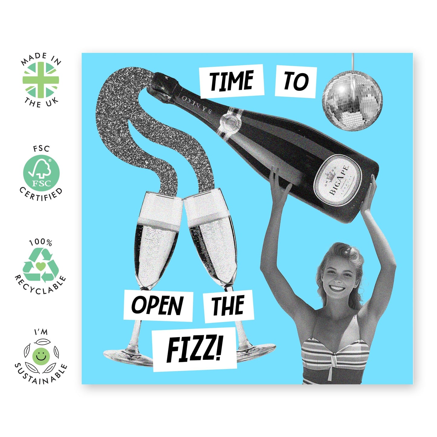 Greeting Card - 'TIME TO OPEN THE FIZZ' - Perfect for Any Occasion with a Sparkling Twist and Festive Design - Ideal for Adding a Touch of Celebration and Joy - Comes With Stickers By Central 23