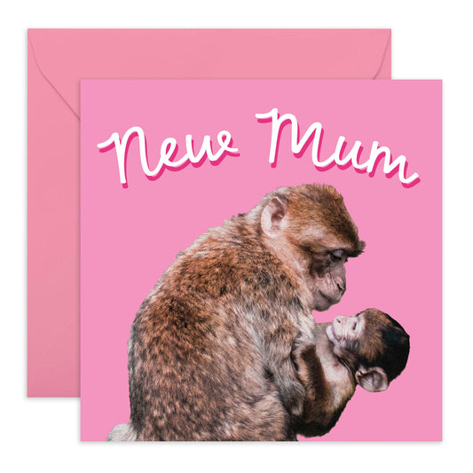 Cute Greeting Card for Her - 'NEW MUM MONKEYS' - Birthday Cards for Mum, Mama, Mam, Ma, Women - New Mother or Parent - Fun Mothers Day Card Ideas from Friends and Family -Comes With Stickers