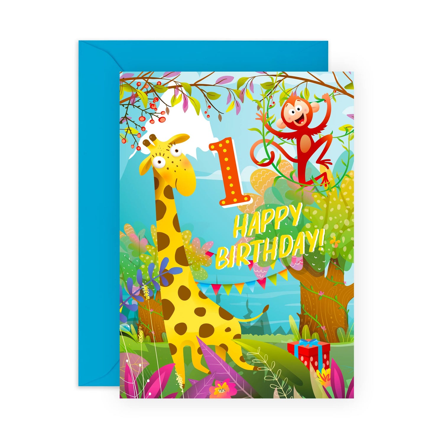 First Birthday Card for Boys - 'Giraffe & Monkey 1st Birthday' - One Year Old - Happy 1st Birthday Greeting Card for Kids - Son - Toddler - Comes With Stickers - By Central 23