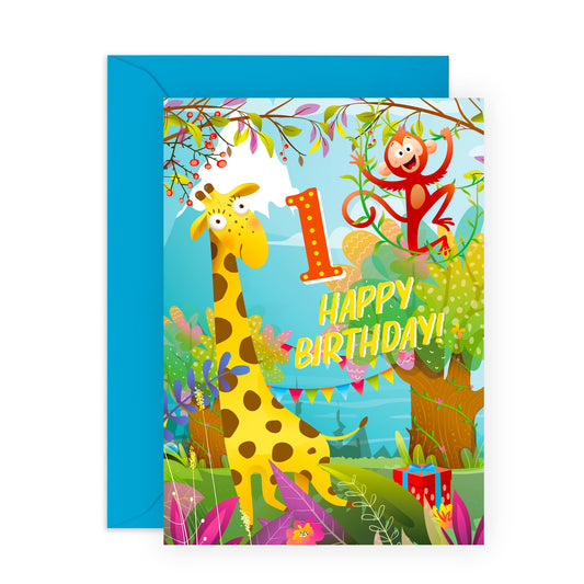 First Birthday Card for Boys - 'Giraffe & Monkey 1st Birthday' - One Year Old - Happy 1st Birthday Greeting Card for Kids - Son - Toddler - Comes With Stickers - By Central 23