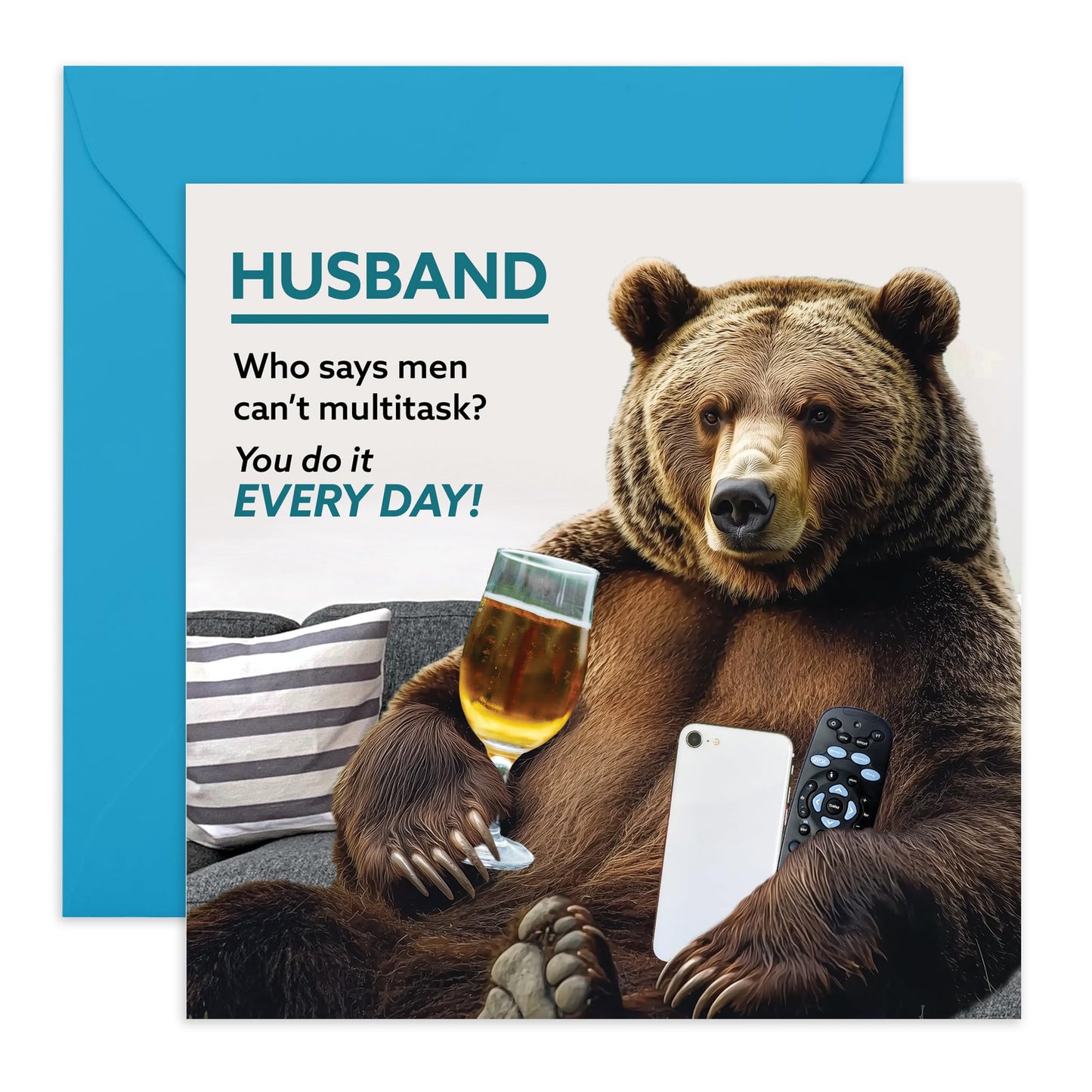 Birthday Card with Jokes For Him - 'Multitask Bear Husband' - Funny Gift for Spouse, Married Couples, Mr, Men, Babe - Watch TV, Drinking & Phone - Comes with Fun Stickers