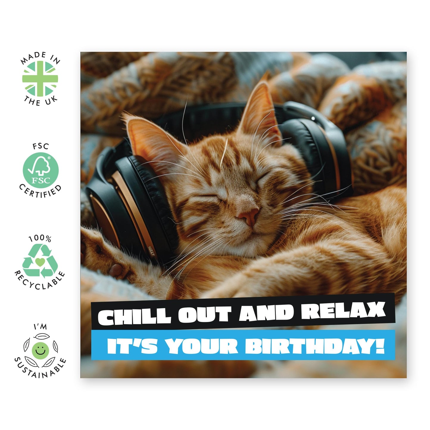 Chilling Cat Birthday Card - 'Chill Out Relax' - Perfect Card for Fur Parents, Cat lovers, Fur Mum & Pet Owners - Stay Cool and Just Chill - Comes with Fun Stickers