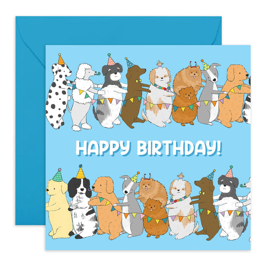 Dog Party Birthday Card - 'Dog Puppy Birthday Conga' - Gifts for Fur Mum , Dad, Pet Owners, Coworkers, Colleagues, Him, Her - Let's Dance - Comes with Fun Stickers