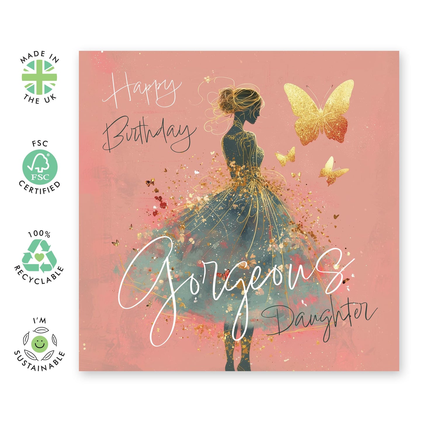 Elegant Birthday Card for Daughter – 'Gold Butterflies' - Gifts for Girls, Ladies, Her, She, Step Daughter, Women - Comes with Fun Stickers