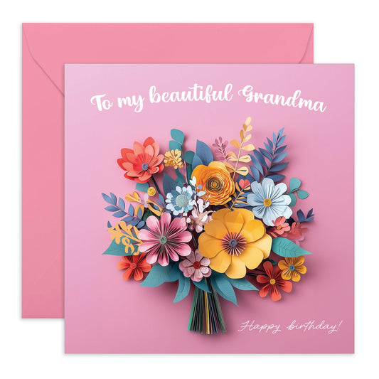 Flowers Birthday Card - 'Floral Beautiful Grandma' - Gifts for Grandma, Grandmother, Granny, Nana, Kids, Children, Girls - 2D Flower Buoquet - Comes with Fun Stickers