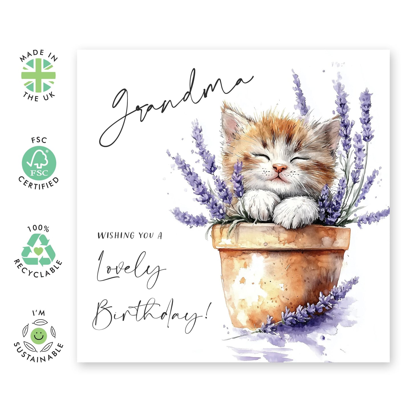 Cute Cat Birthday Card - 'Grandma Lovely Birthday Cat' -Gifts for Grandmother, Grandmam, Grandmum, Nana, Mimi, Granny forn Grandchildren - Wishes For You - Comes with Fun Stickers