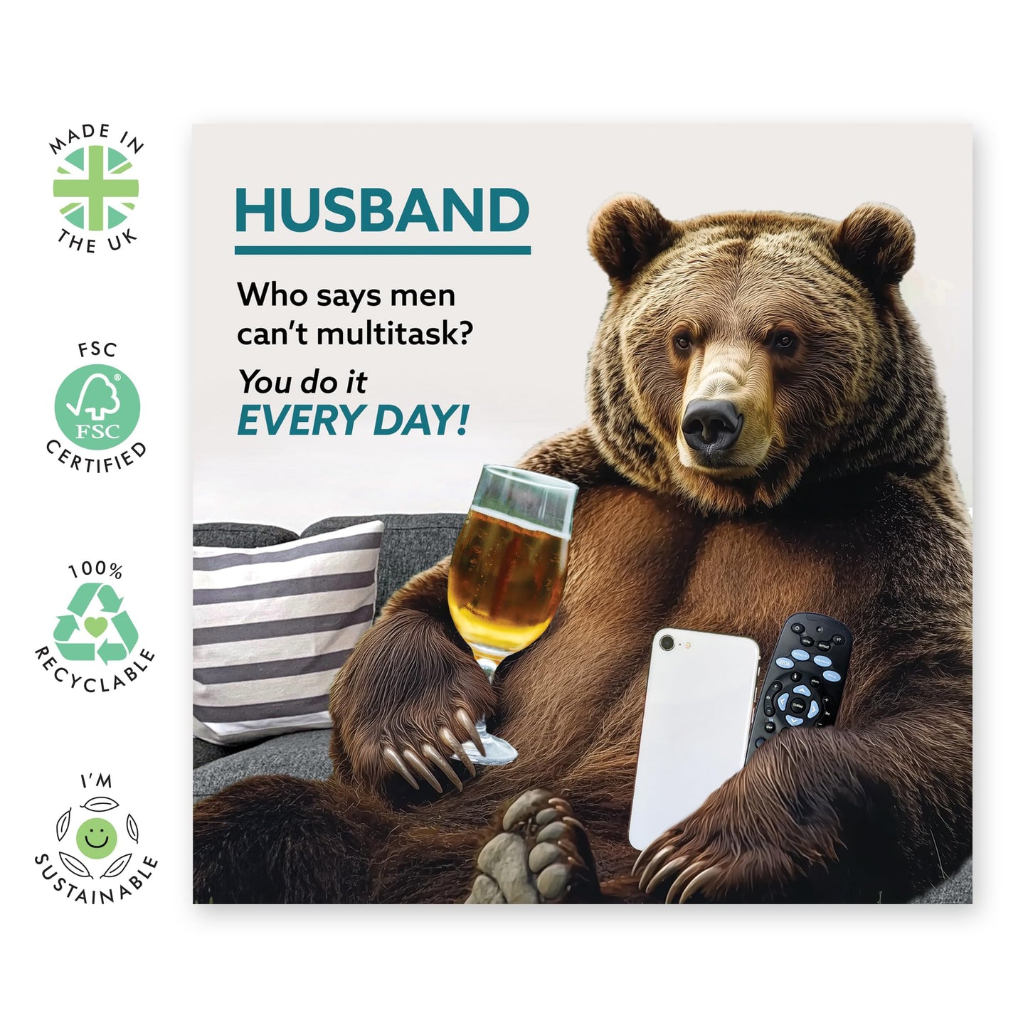 Birthday Card with Jokes For Him - 'Multitask Bear Husband' - Funny Gift for Spouse, Married Couples, Mr, Men, Babe - Watch TV, Drinking & Phone - Comes with Fun Stickers