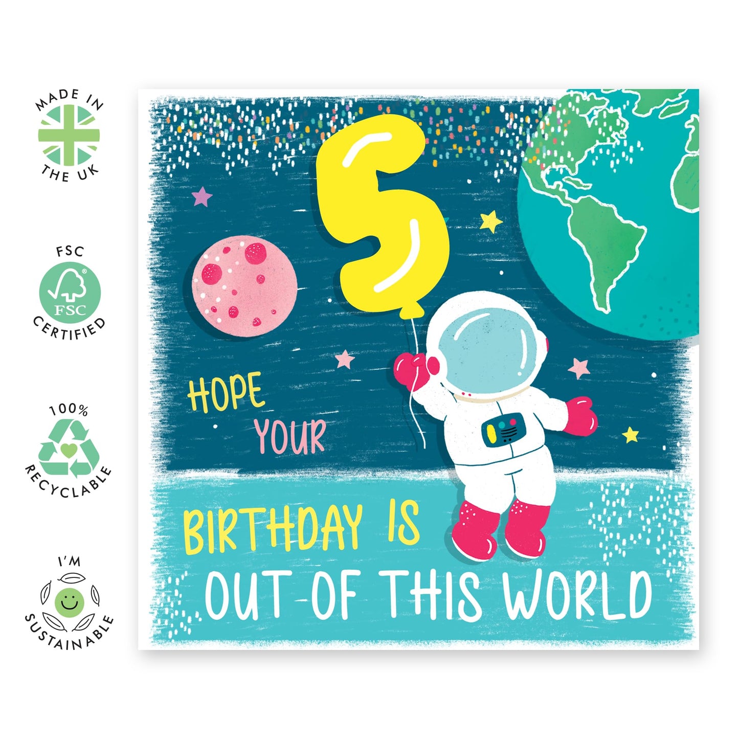 5th Birthday Card Boy Girl - Out Of This World Space Astronaut - Happy Fifth Birthday Cards For Kids Toddler - Five Year Old Gifts For Grandson Goddaughter - Comes With Cute Stickers By Central 23