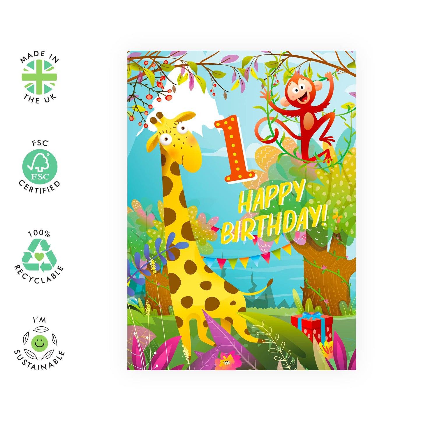 First Birthday Card for Boys - 'Giraffe & Monkey 1st Birthday' - One Year Old - Happy 1st Birthday Greeting Card for Kids - Son - Toddler - Comes With Stickers - By Central 23