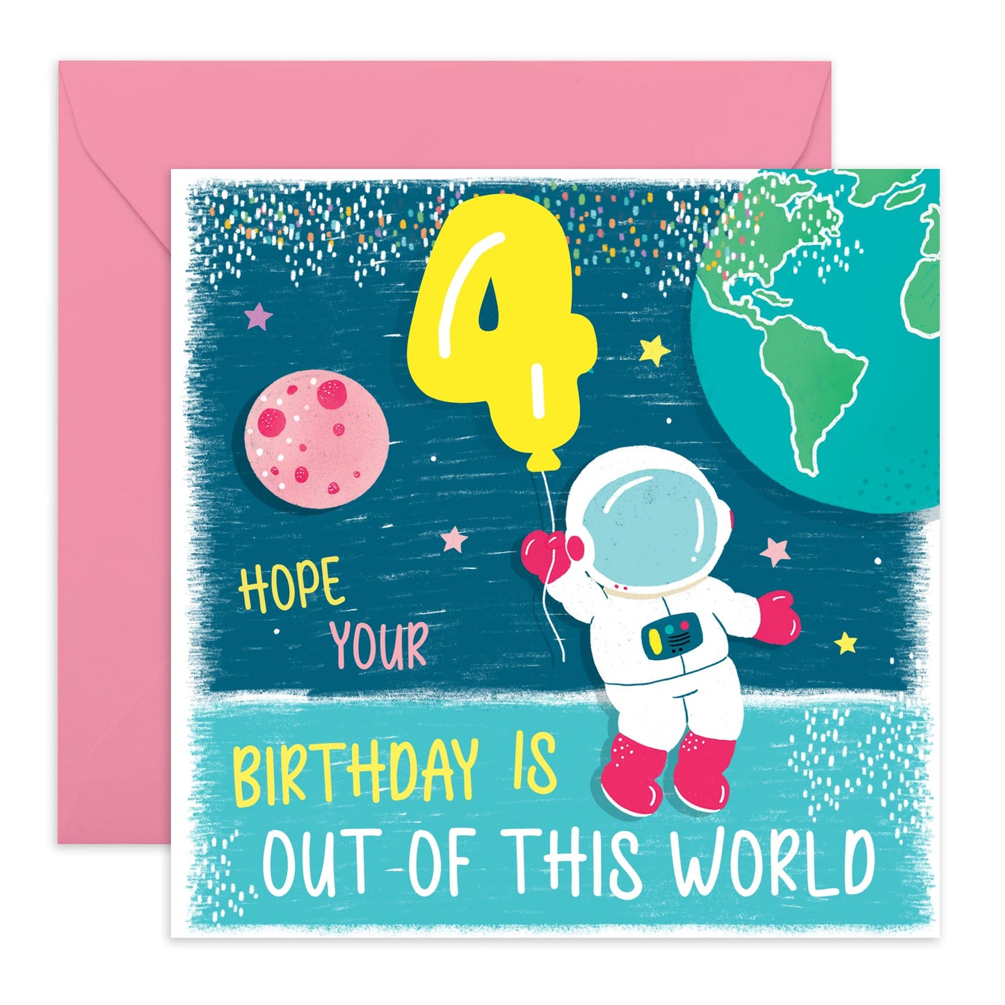 4th Birthday Card Boy Girl - Out Of This World Space Astronaut - Happy Fourth Birthday Cards For Kids Toddler - Four Year Old Gifts For Grandson Goddaughter - Comes With Cute Stickers By Central 23